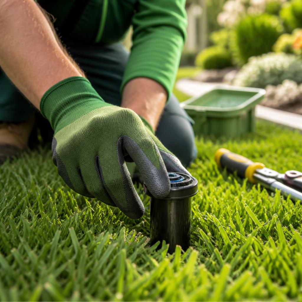 Irrigation technician adjusting a sprinkler head in a green lawn