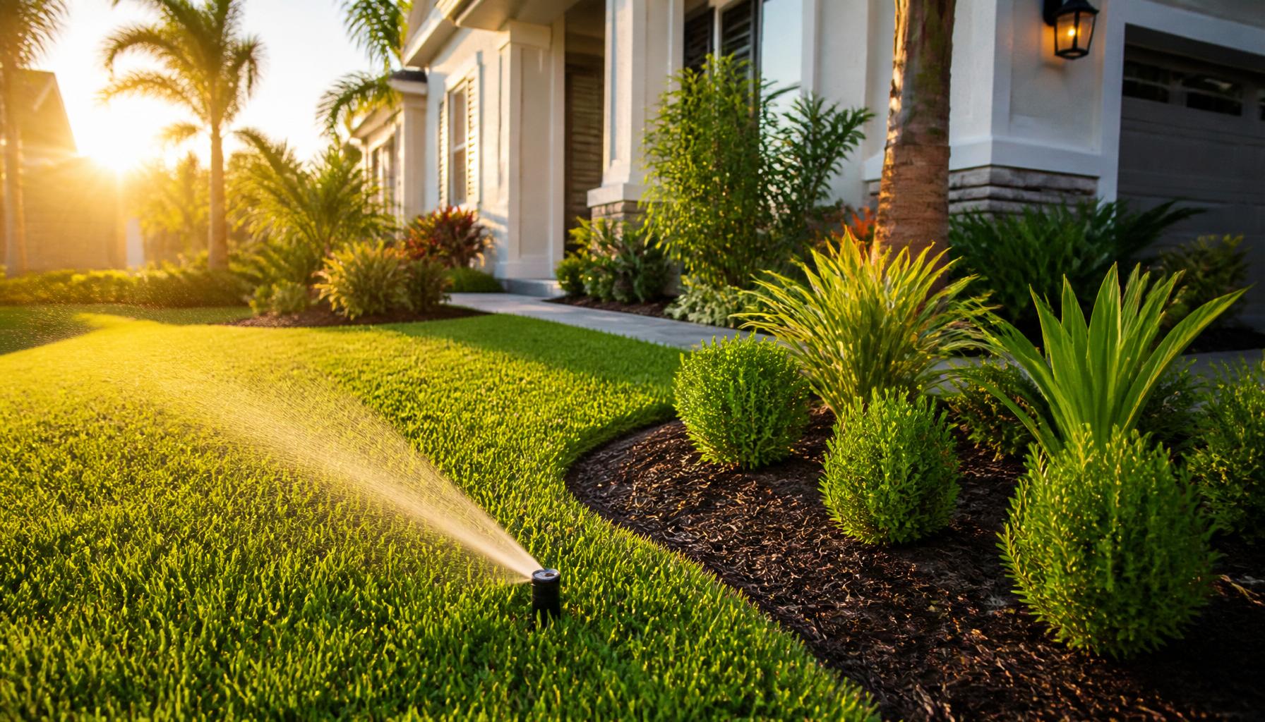 Lush Jacksonville lawn with a working irrigation sprinkler